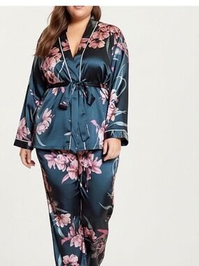 Kohl's Teal Satin Floral Pajama Set with Pink Blossoms